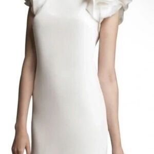 Marchesa Notte Ivory Sleeveless-Ruffle Shoulders Pencil Silk Dress Size US 12